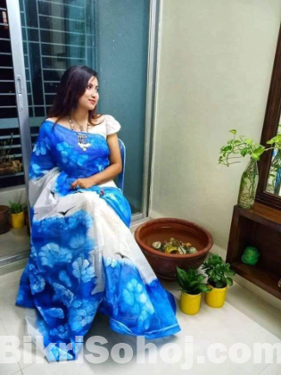 Half Silk Saree With Hand Print